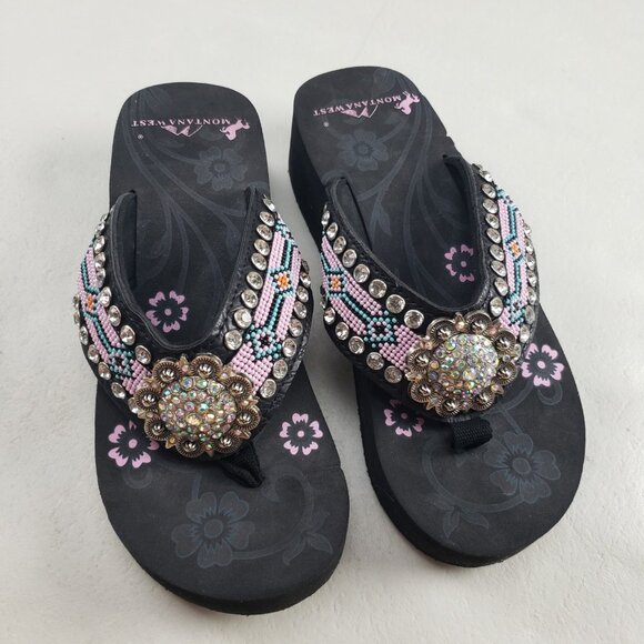 Montana West Shoes - Montana West Beaded Rhinestone Sandal Womens 8 Black Platform Bling Flip Flop